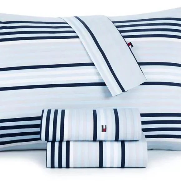 Queen 100% Cotton Percale Sheet Set in Bold Ocean Stripe 4-Piece Hilfiger Sheet - Picture 2 of 5